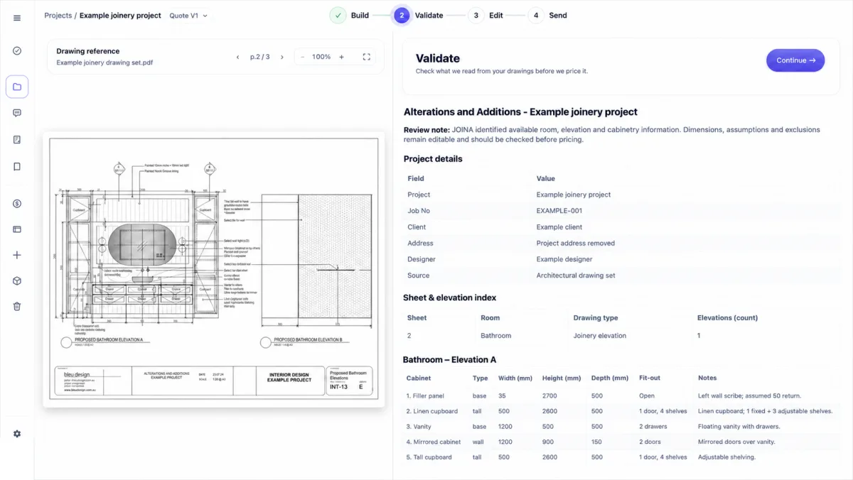 JOINA showing a joinery drawing beside editable project and cabinet information