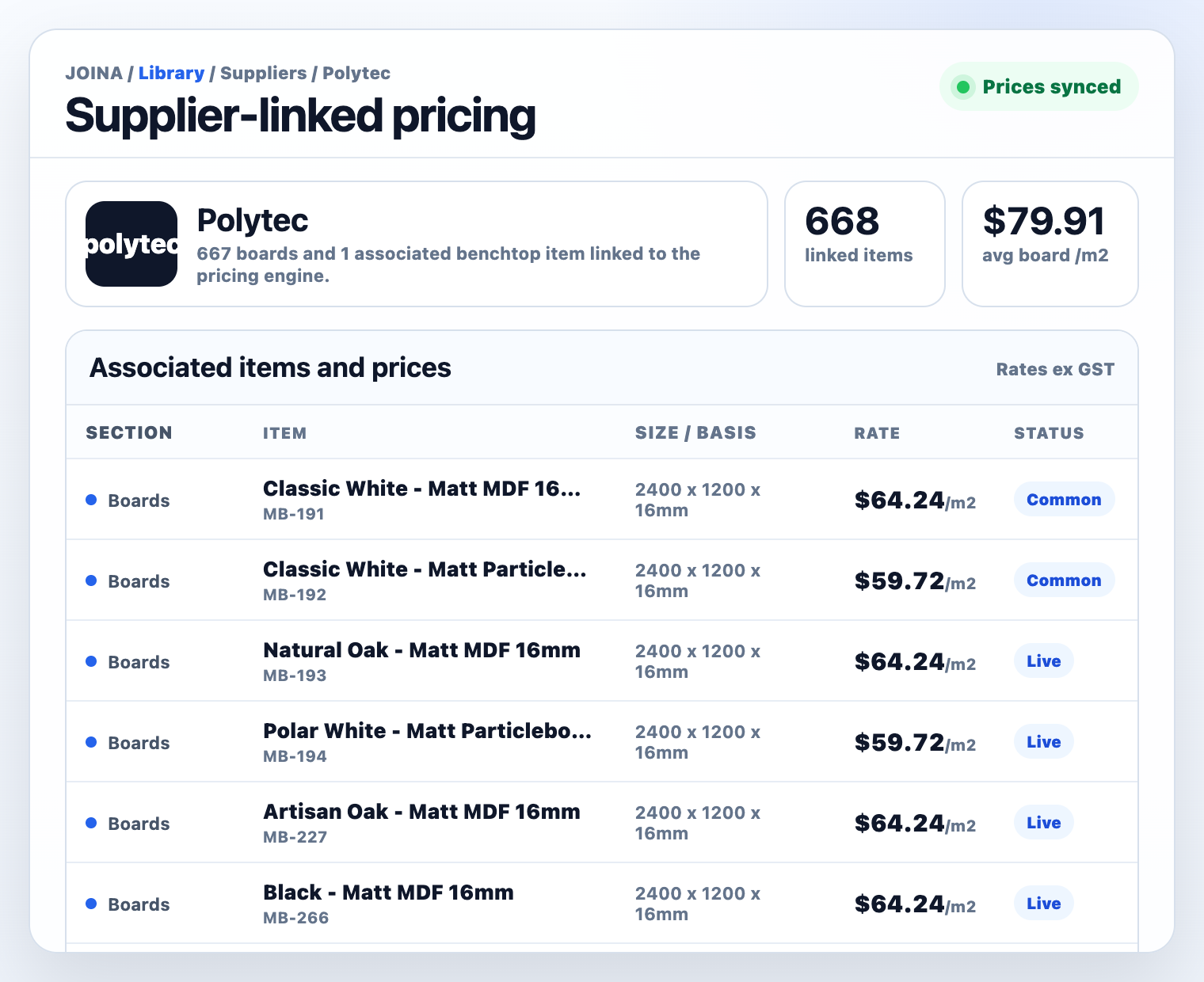 JOINA supplier pricing library showing loaded Australian board products and editable pricing.