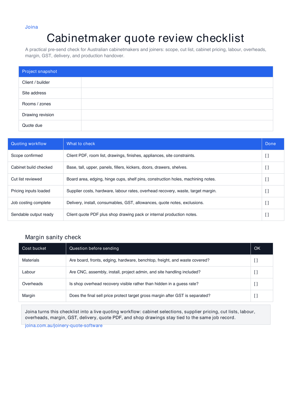 PDF quote review checklist preview for cabinetmakers.