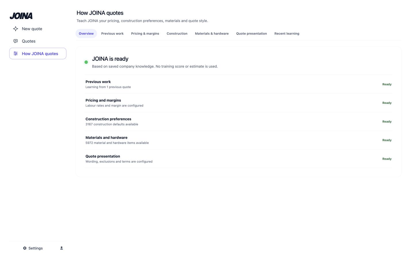 Current How JOINA quotes overview showing previous work, pricing, construction, materials and quote presentation