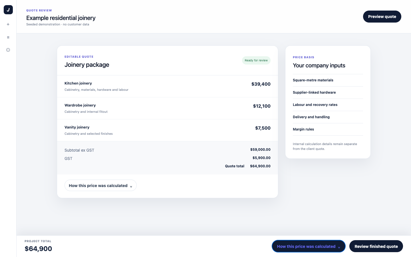 Seeded JOINA quote review showing editable joinery lines, a reconciled quote total and the internal price-calculation disclosure